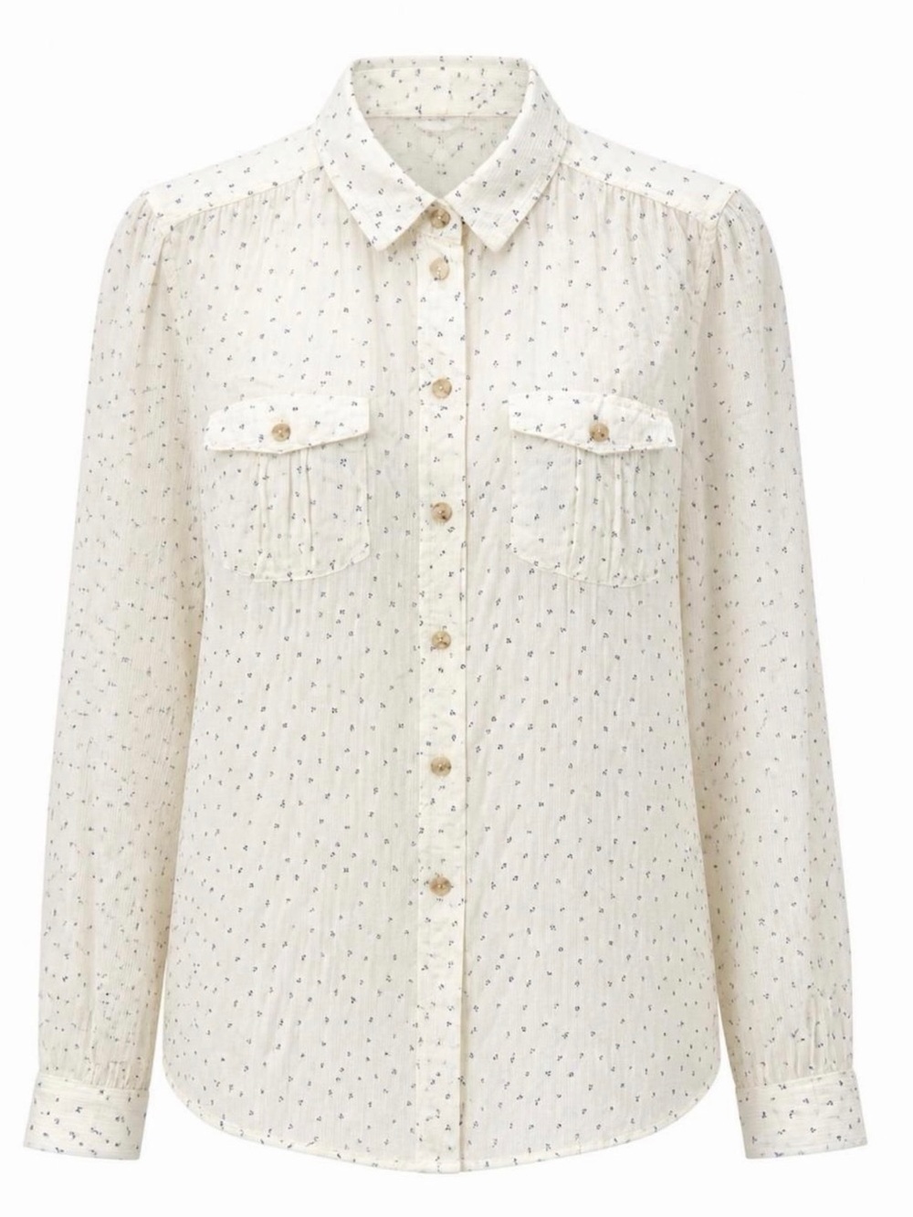 Eddie Bauer Cream Button-Front Shirt with Navy Print Cotton size M